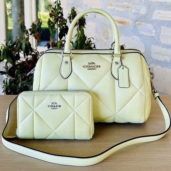 Coach Medium ROWAN SATCHEL HANDBAG/ ID Zip Around Wallet SV/Pale Lime Diamond - Picture 1 of 11